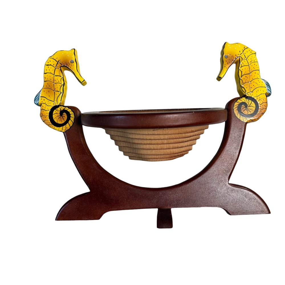 Seahorse Wooden Collapsible Fruit Basket Hand Painted Nautical Coastal Decor